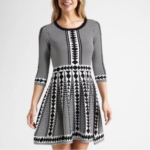 NWT Nina Leonard black ivory white geometric pattern flare skater dress size XS - Picture 2 of 11